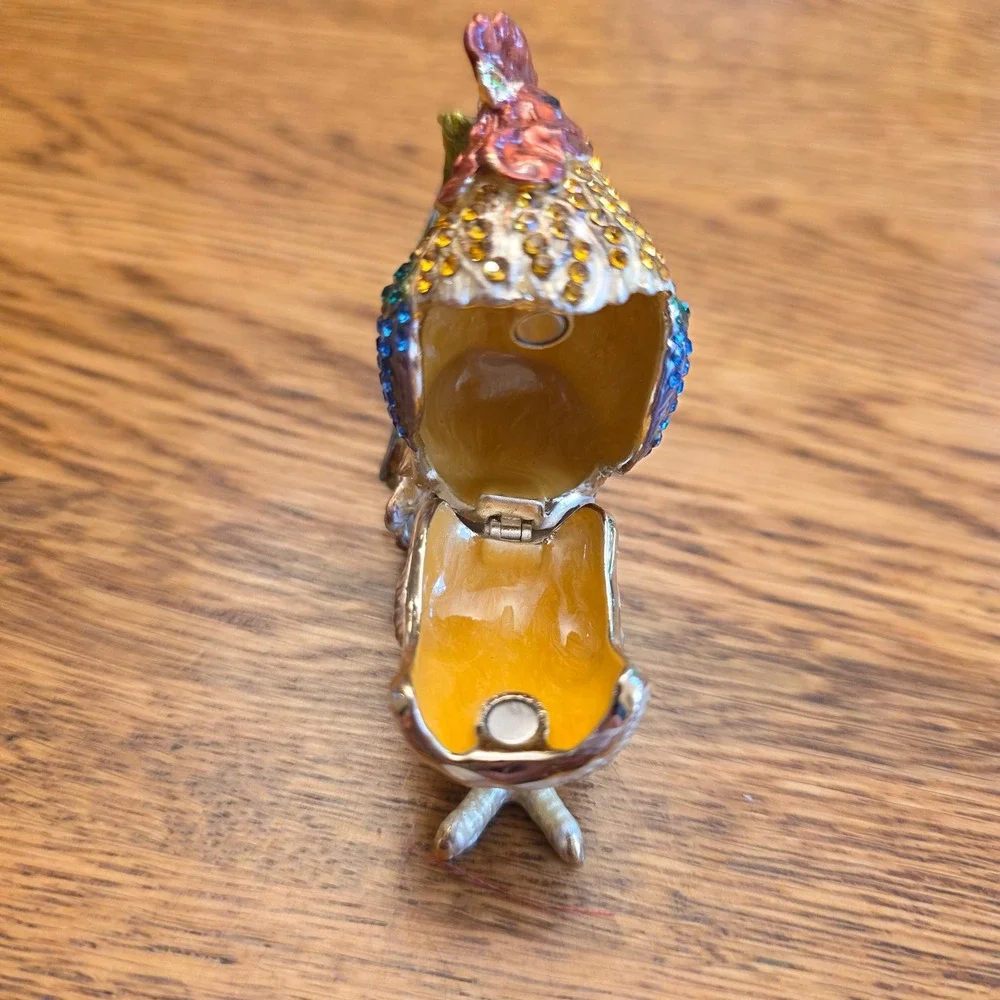 Multicolor Enamel Rooster Trinket Box Rhinestone Bejeweled Hinged Figurine 3in